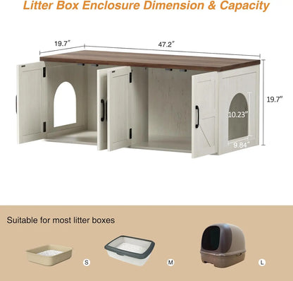 Litter Box Enclosure for 2 Cats, Farmhouse Hidden Litter Box Furniture with Barn Doors, Large Double Room Cat House for Living