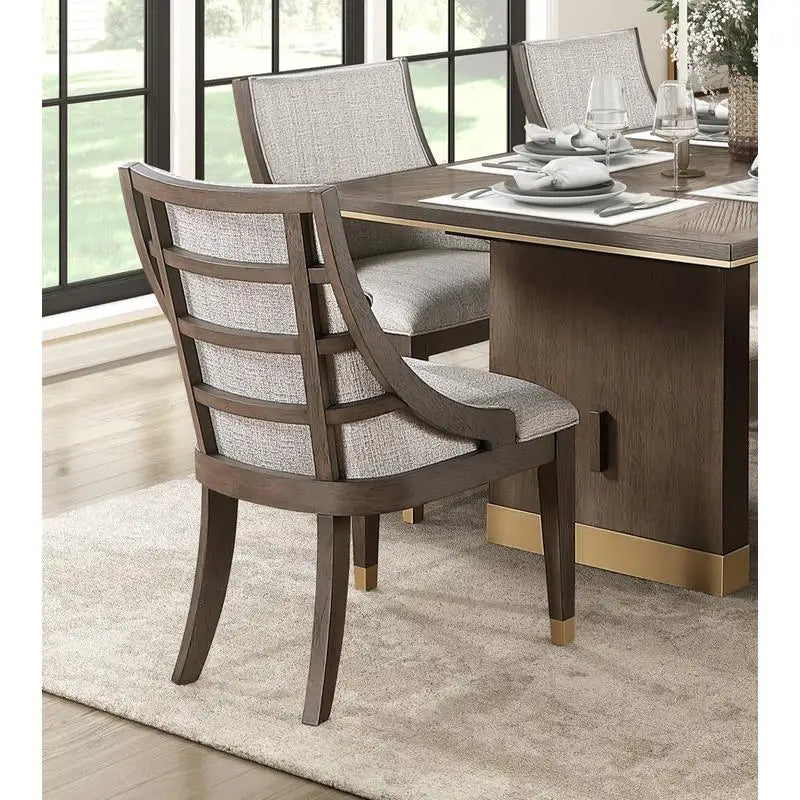 Modern Luxury Brown Finish 7-Piece Dining Set with Extension Table and 6 Armchairs, Upholstered in Gold Tipping for Stylish