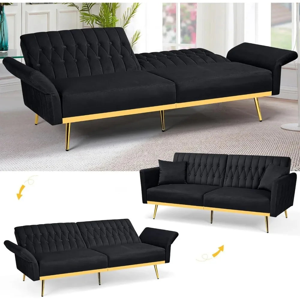 The New-70” Velvet Futon Sofa Bed With 2 Pillows And Adjustable Armrests, Convertible Sleeper Bed W/Adjustable Backrests