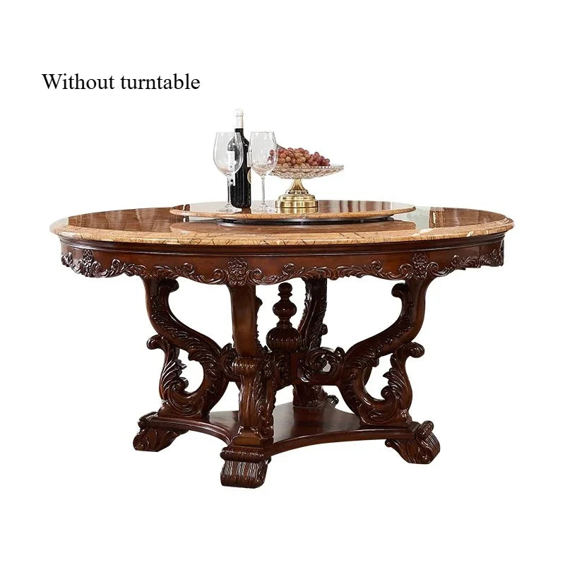 A European natural marble dining table full solid wood round table carved American villa large apartment restaurant combination