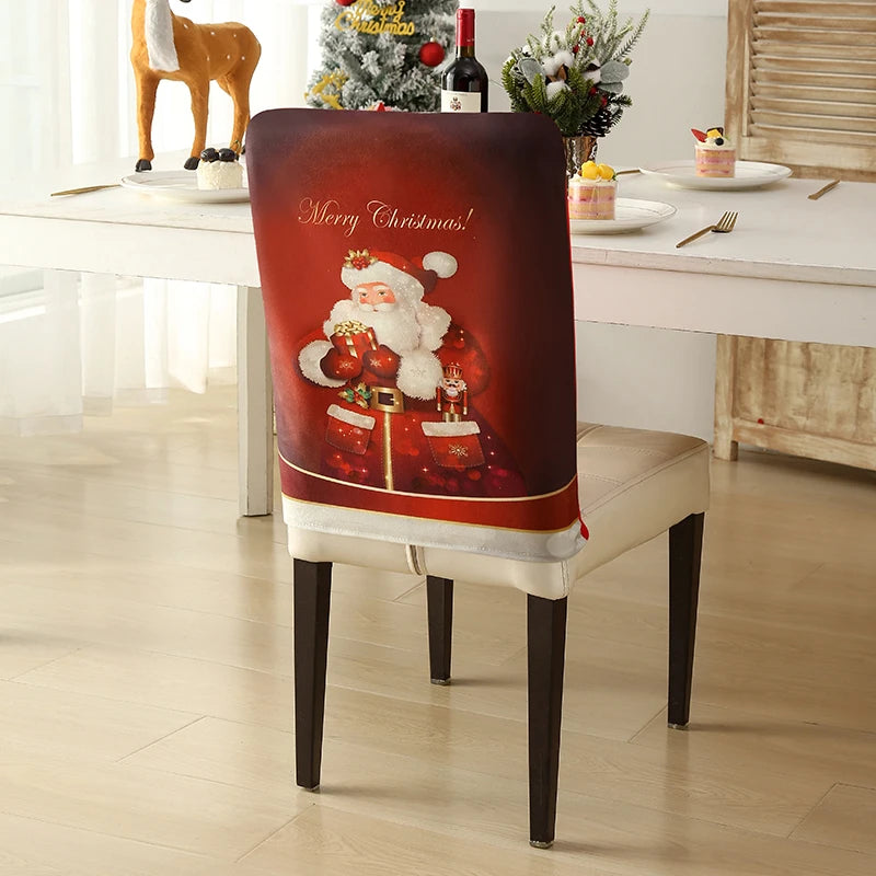 1PC Christmas Chair Back Cover Red Classic Christmas Pattern Merry Christmas For Restaurant Hotel Holiday Party Decoration