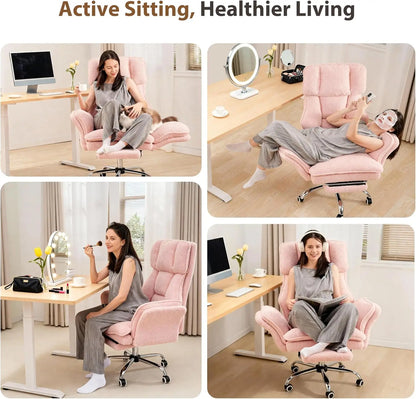 Big Tall Office Chair, Ergonomic Gaming Chair with Footrest, Pink Teddy Fleece Reclining Desk Chair