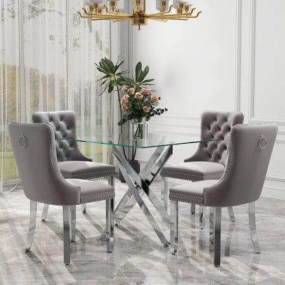 5pc Glass Dining Set Modern Minimalist Square Table & 4 Tufted Chairs 36in Grey for Small Space, Customized