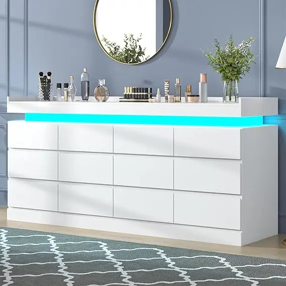 12 Drawer Dresser with Power Outlet, Dresser with LED Light, Modern Chest of Drawers for Closet, Double Wide Drawer Organizer Ca
