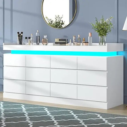 12 Drawer Dresser with Power Outlet, Dresser with LED Light, Modern Chest of Drawers for Closet, Double Wide Drawer Organizer Ca