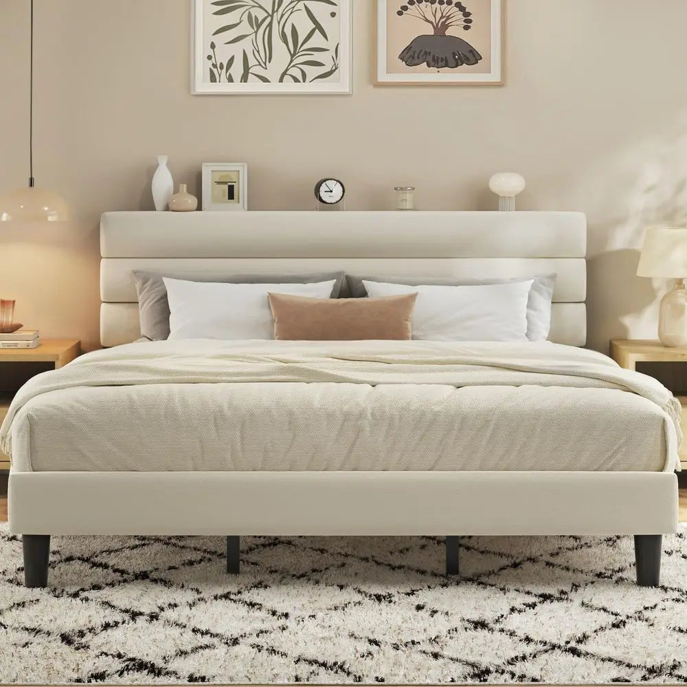 King Size Bed Frame, Platform Bed Frame with Velvet Upholstered Headboard, No Box Spring Needed, Sturdy Metal Support, Noise Fr