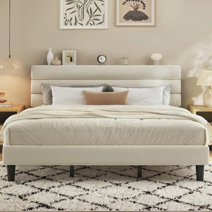 King Size Bed Frame, Platform Bed Frame with Velvet Upholstered Headboard, No Box Spring Needed, Sturdy Metal Support, Noise Fr