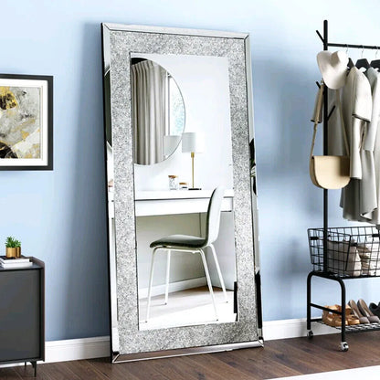 120x60CM Crystal Crush Diamond Wall Mirror Gorgeous RectangleSilver Mirrors for Bathroom, Bedroom, Dining Room and Living Room