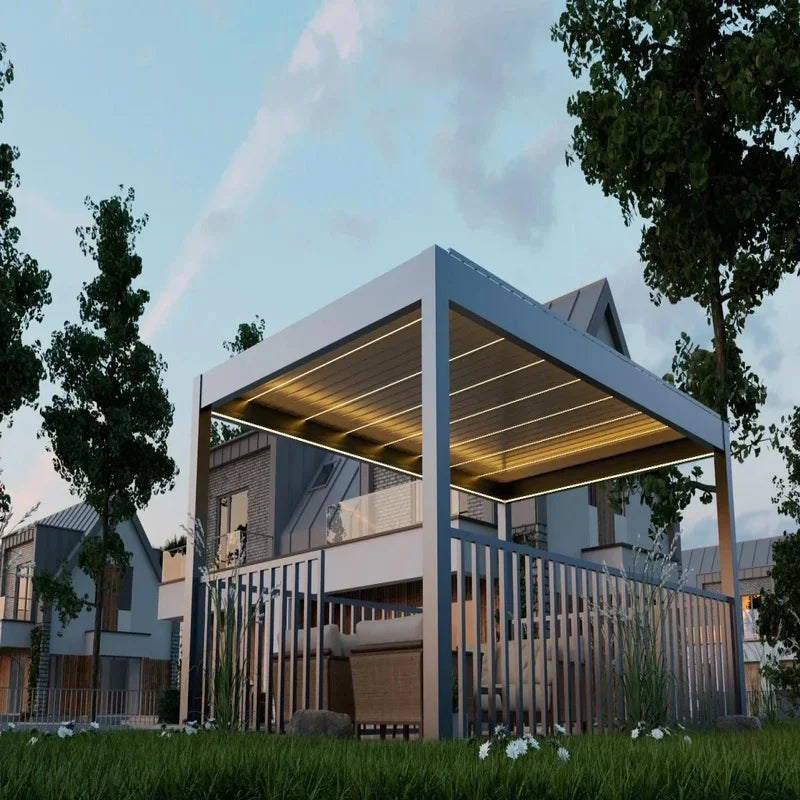 Retractable Aluminum Louvered Pergola Motorized Electric Garden Pavilion with Remote Control, Multiple Shading Scenarios