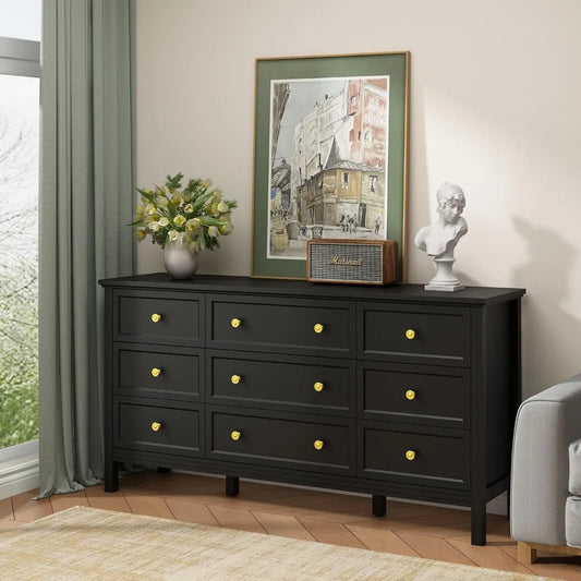 9 Drawer Black Dresser for Bedroom with Deep Drawers, Large Dressers & Chest of Drawers With Gold Handle, Modern Long Dressers