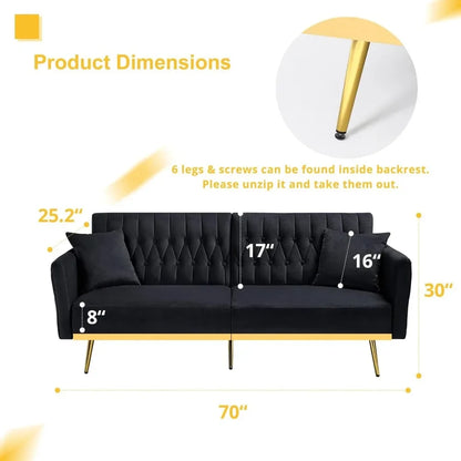 The New-70” Velvet Futon Sofa Bed With 2 Pillows And Adjustable Armrests, Convertible Sleeper Bed W/Adjustable Backrests
