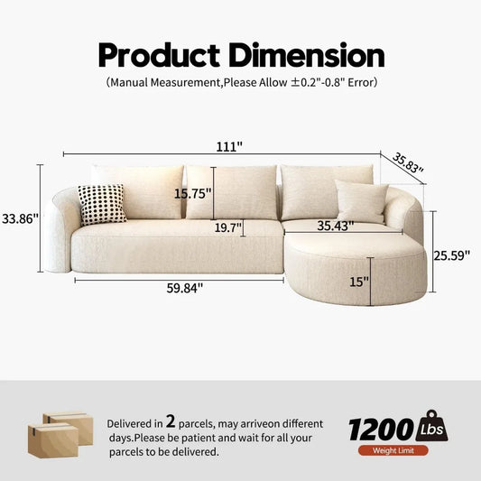 Sectional Couches Luxury Modern Curved Back Sofa,Minimalist Comfy L-Shape Boneless Cloud Couch for Living Room Apart