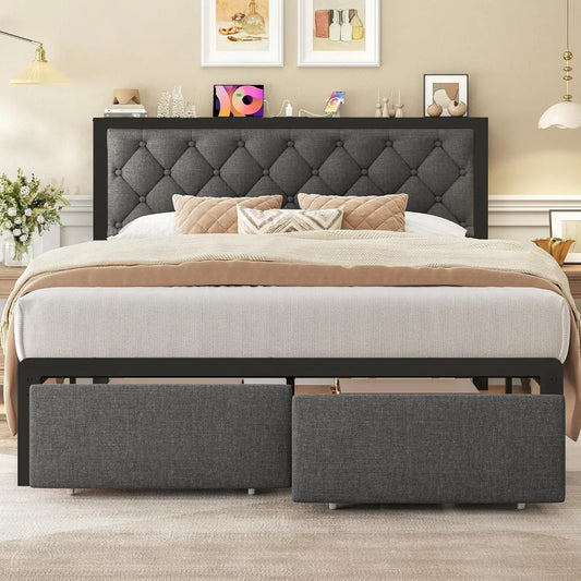 Frame with 2 Storage Drawers, Upholstered Headboard Button Tufted Bed Frame with Charging Station, No Box Spring Neede