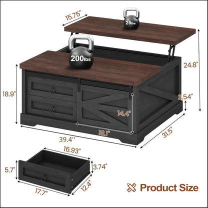39.4'' Lift Top Coffee Table with Storage, Farmhouse Style, Hidden Compartment & Drawers, Adjustable Height