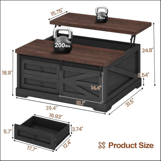 39.4'' Lift Top Coffee Table with Storage, Farmhouse Style, Hidden Compartment & Drawers, Adjustable Height