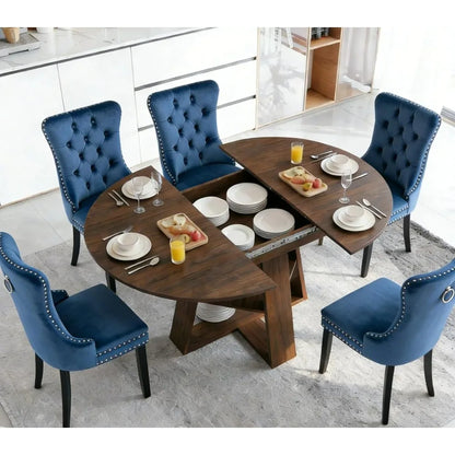 7 Piece Oval Extendable Dining Table Set for 6, 43"-59" Walnut Wood Expanding Kitchen Table with 6 Velvet Tufted, Customized