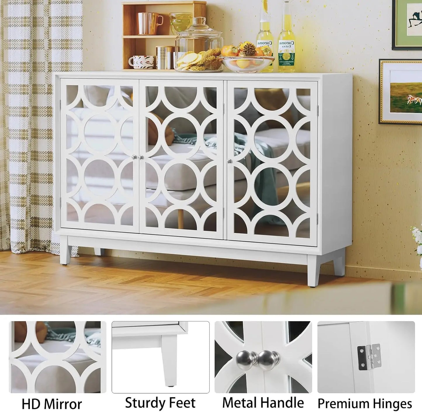 Sideboard Cabinet with 3 Mirror Doors, Accent Storage Cabinet,Modern Buffet with Storage for Living Room, Dining Room, Entryway