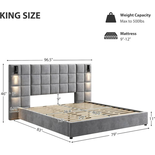Merax King-Size Upholstered Bed with Reading Light and USB Charging, Velvet Headboard, Grey (No Side Tables or Mattress Included