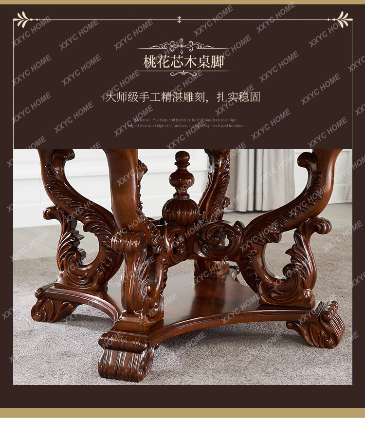 A European natural marble dining table full solid wood round table carved American villa large apartment restaurant combination