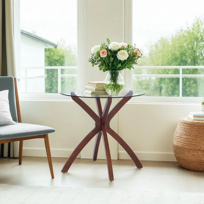 Small Glass Dining Table for 2-4 People,31.5-Inch Round Coffee Table with Solid Wood Legs, Mid-Century Modern Kitchen,Customized