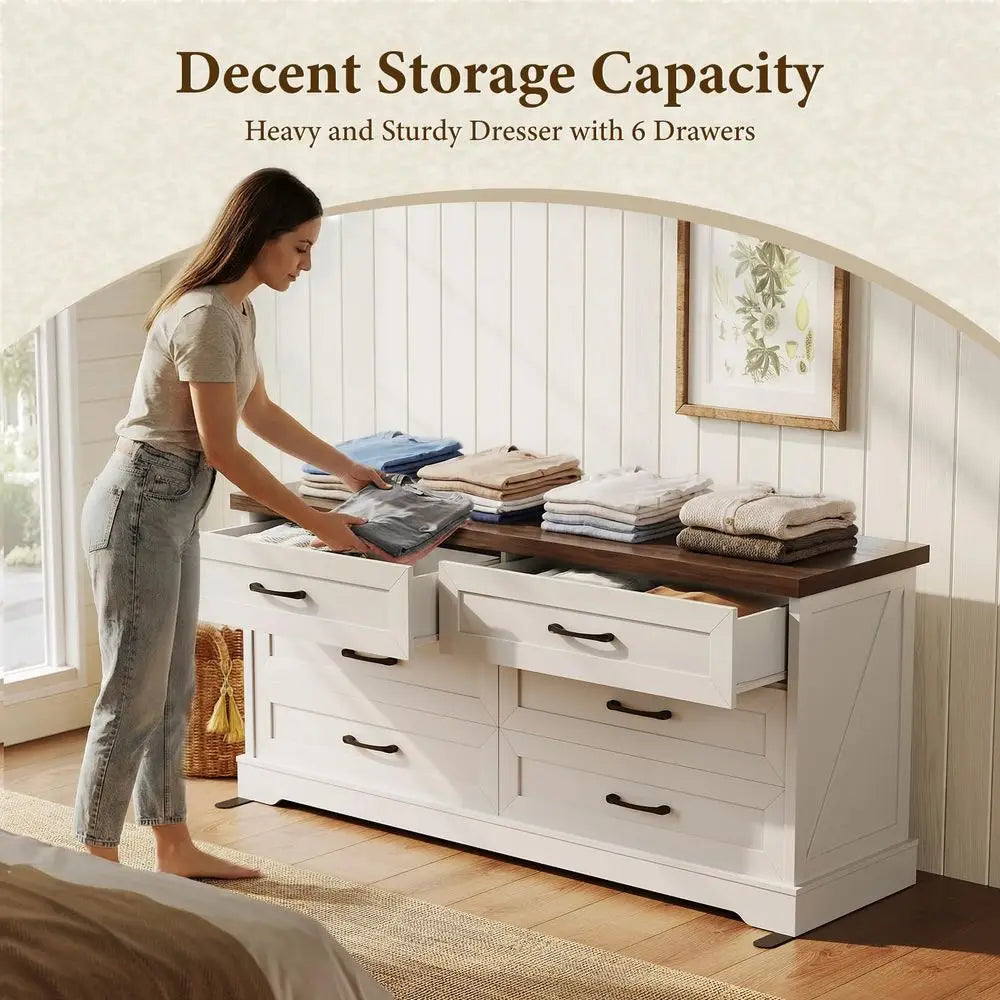 Farmhouse 6Drawer Dresser for Bedroom, HeavyDuty Storage Chest with Extra Thick Boards amp Metal Handles, Sturdy Chest of Drawe