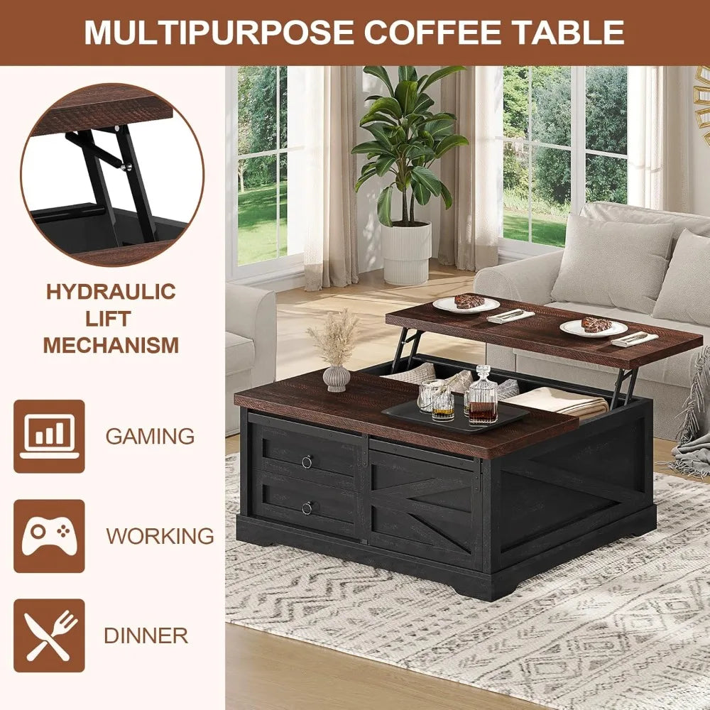 39.4'' Lift Top Coffee Table with Storage, Farmhouse Style, Hidden Compartment & Drawers, Adjustable Height