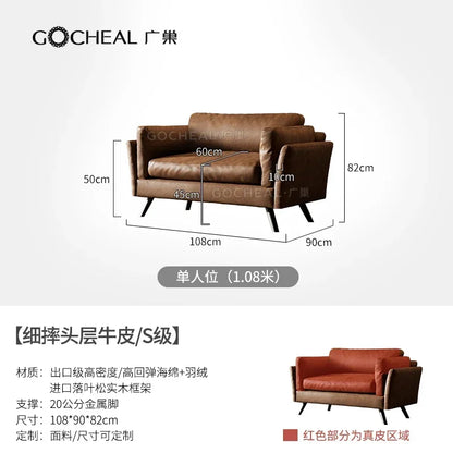 Italian retro first-layer cowhide sofa straight row full aniline leather multi-person medium and ancient style