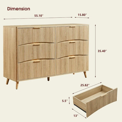 6 Drawer Dresser, 55" Wide Light Wood Curved Dresser,for Bedroom, Mid Century Modern Chest of Drawers