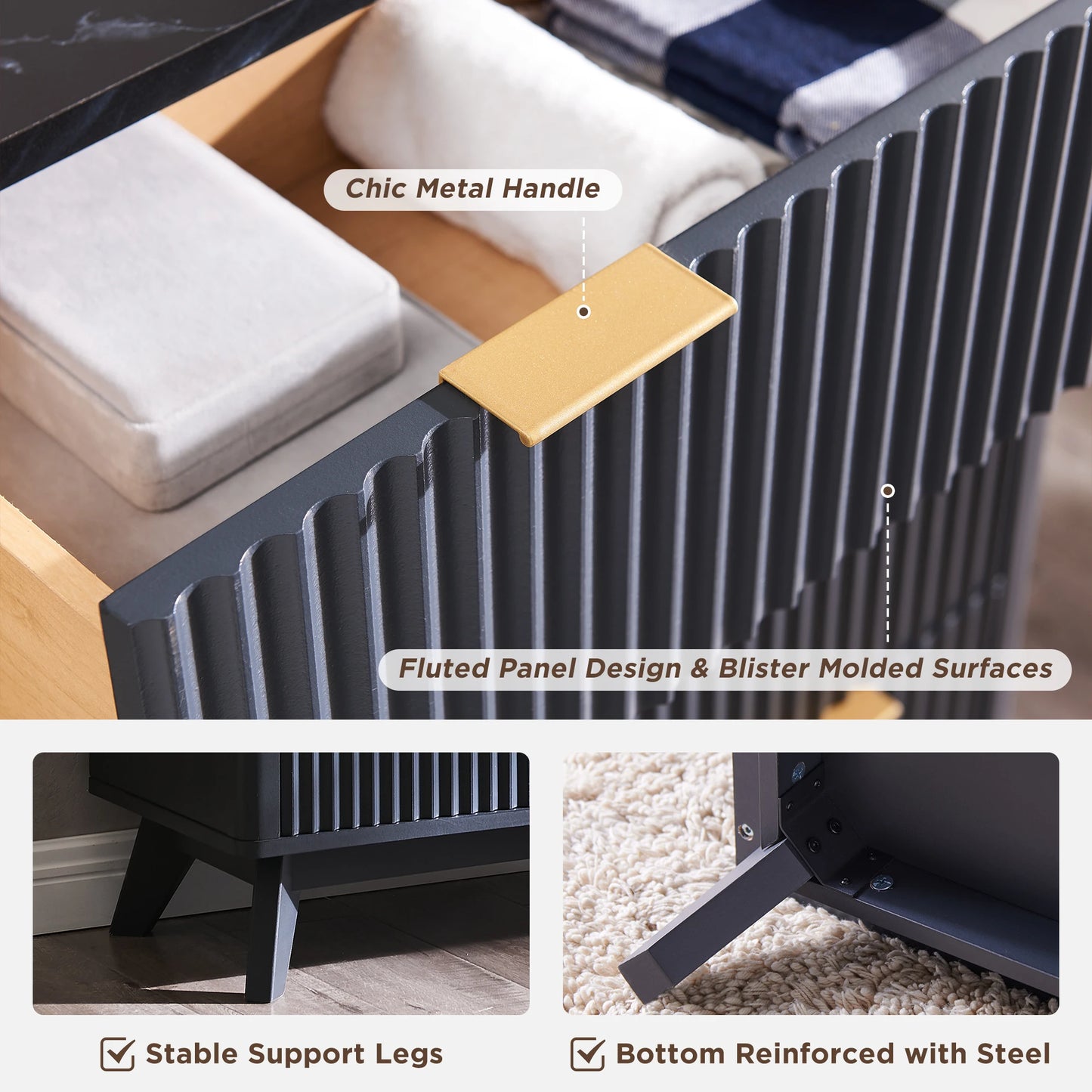 Redlemon Fluted 6 Drawers Dresser, 54" Wide Modern Chest of Drawers with Faux Marble Top