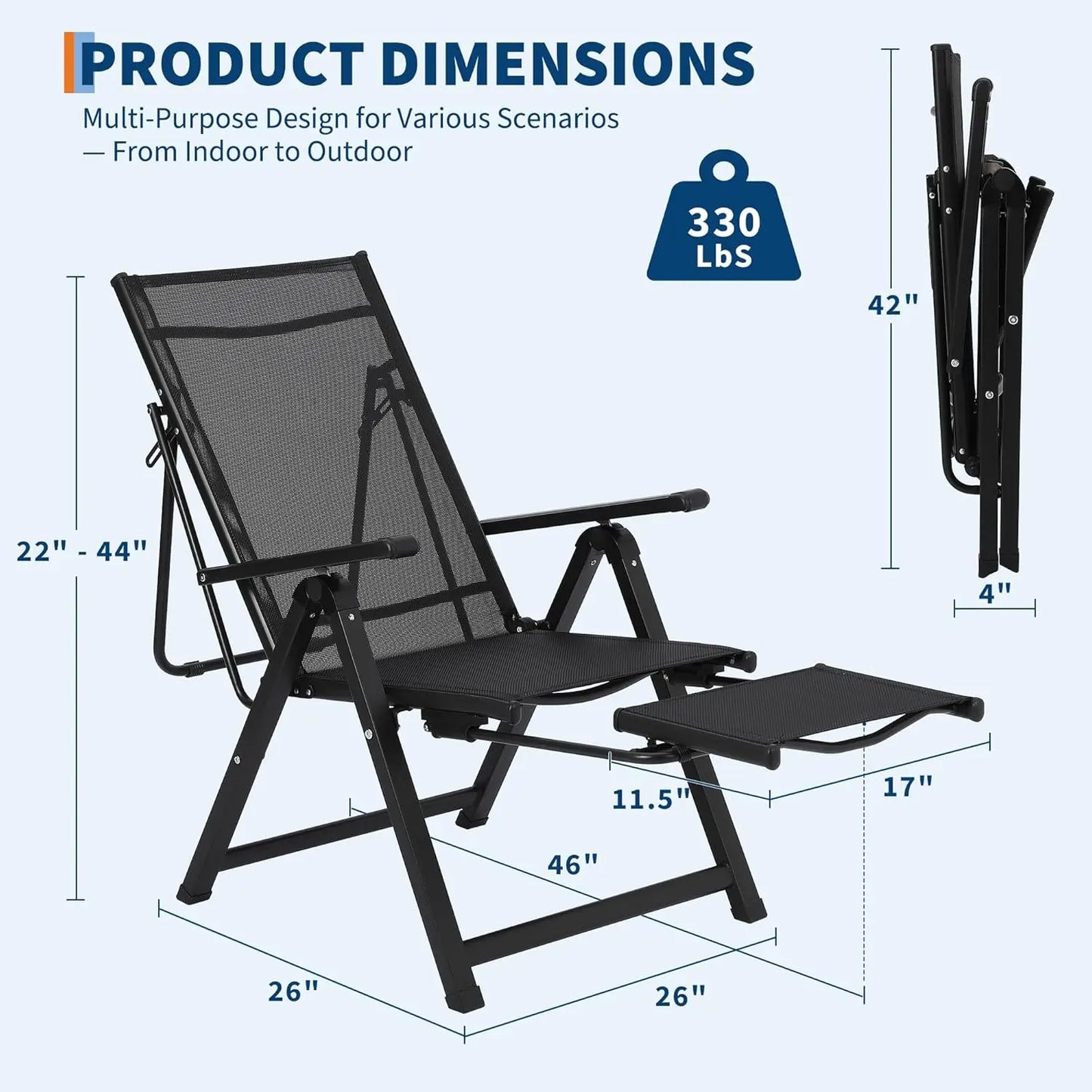 10-Position Adjustable Folding Chaise Lounge Outdoor Lightweight Recliner With Retractable Footrest 330lbs Capacity For Garden