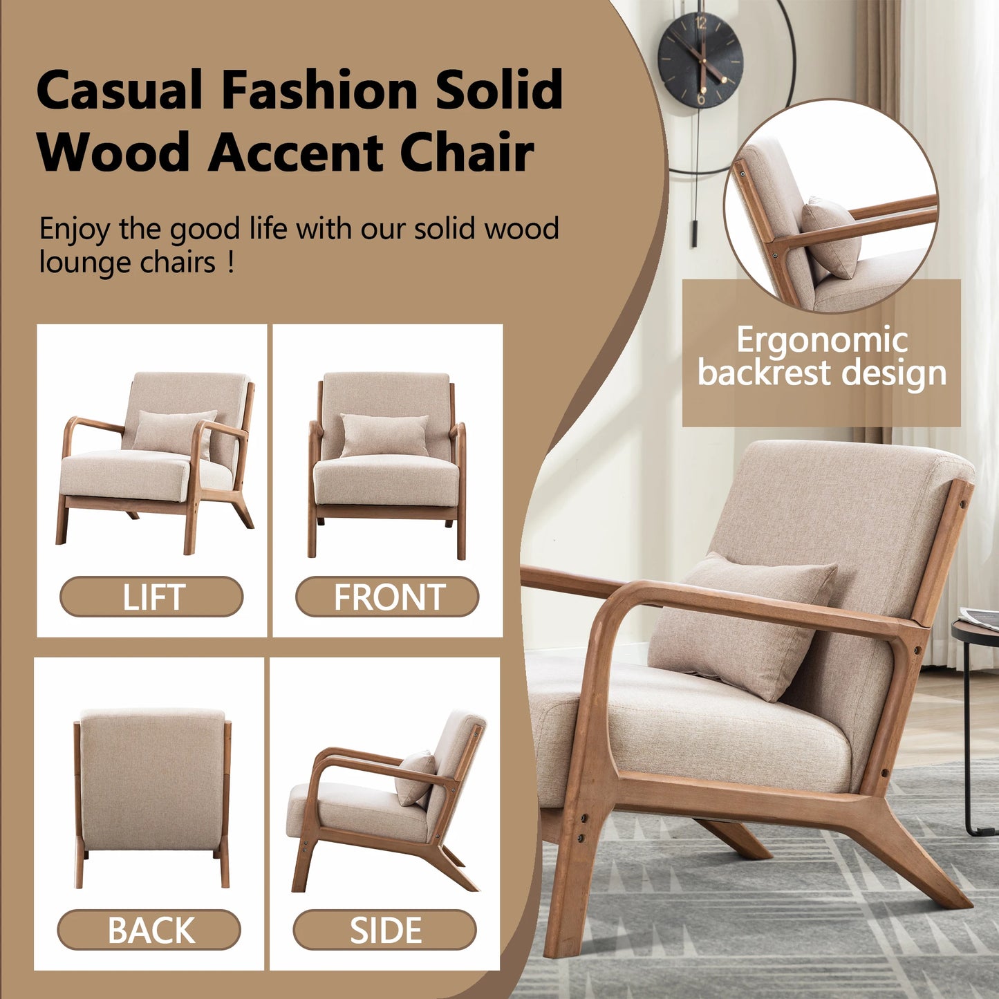 29*33*26 Inch Solid Color Solid Wood Living Room Chair 105° Backrest Non-Slip Casual Bedroom Chair With Pillow