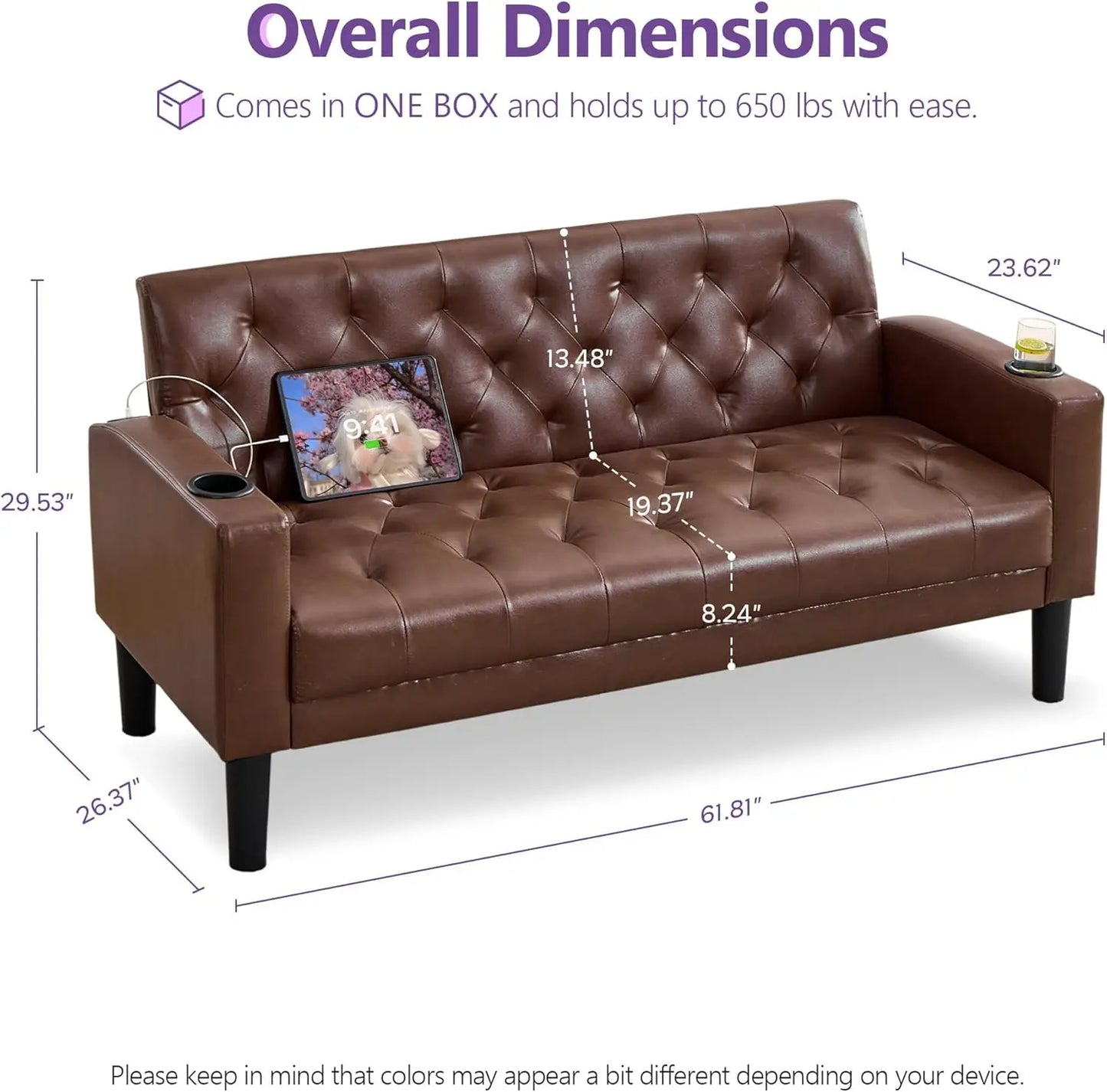 62" Brown Leather Loveseat with USB Ports & Cup Holders, Mid-Century Modern Tufted Sofa for Living Room, Office, Dorm
