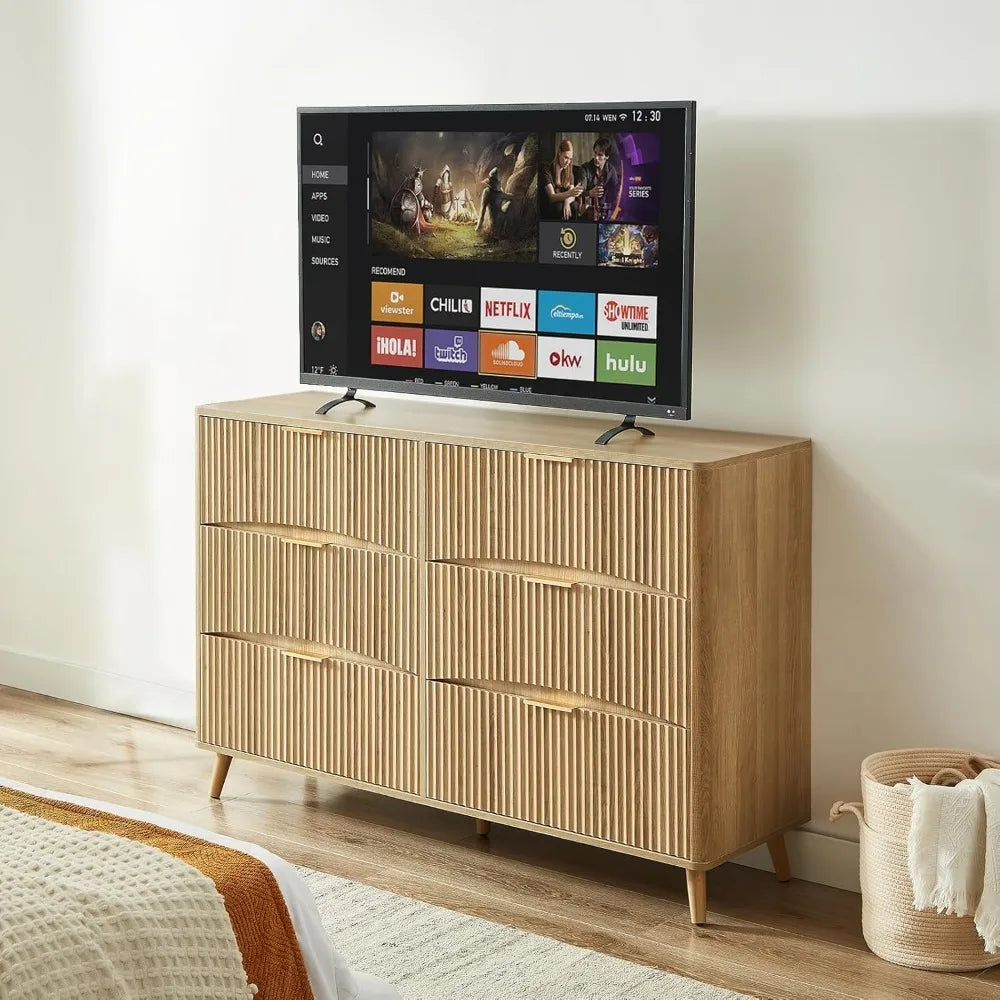 6 Drawer Dresser, 55" Wide Light Wood Curved Dresser,for Bedroom, Mid Century Modern Chest of Drawers