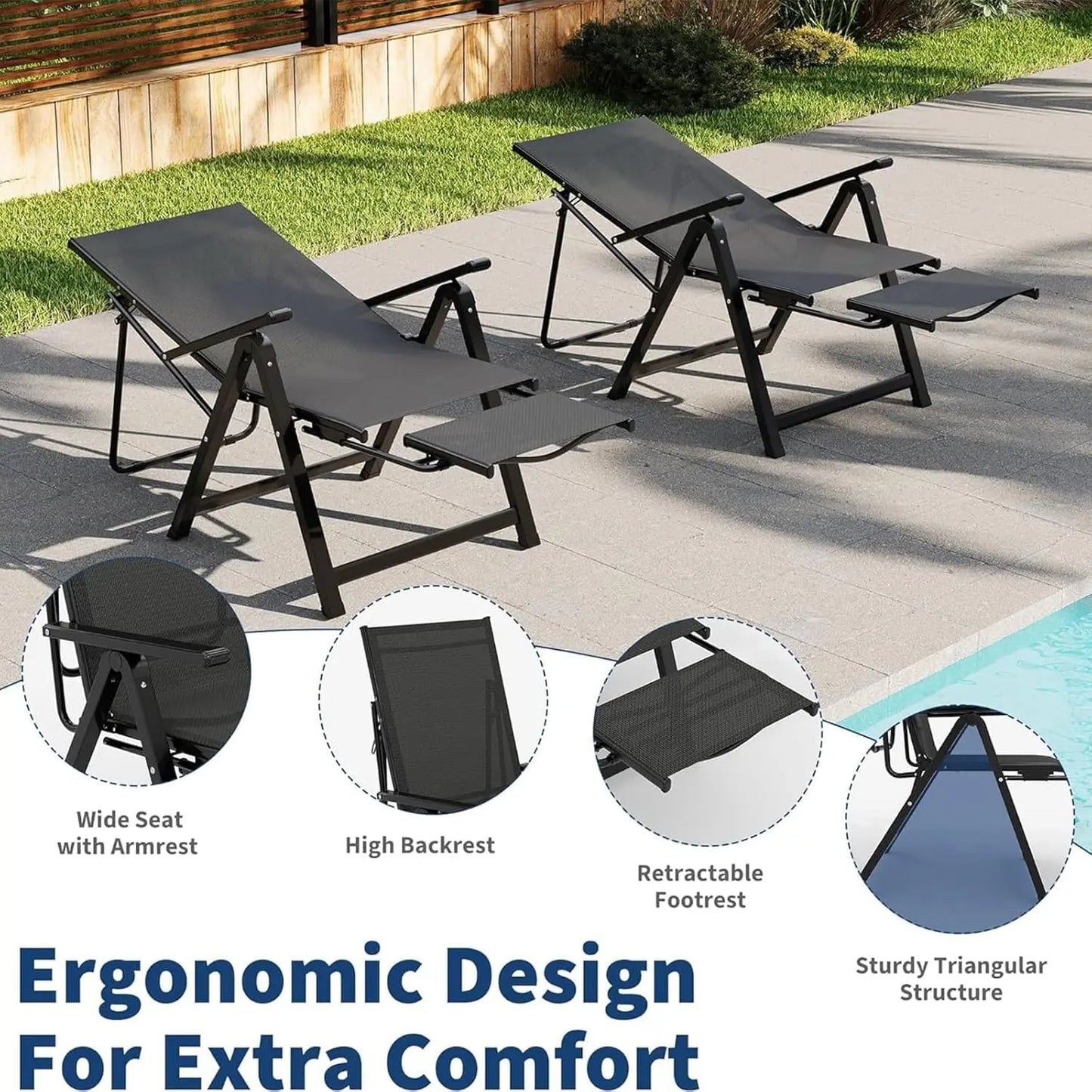 10-Position Adjustable Folding Chaise Lounge Outdoor Lightweight Recliner With Retractable Footrest 330lbs Capacity For Garden