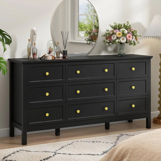 9 Drawer Black Dresser for Bedroom with Deep Drawers, Large Dressers & Chest of Drawers With Gold Handle, Modern Long Dressers