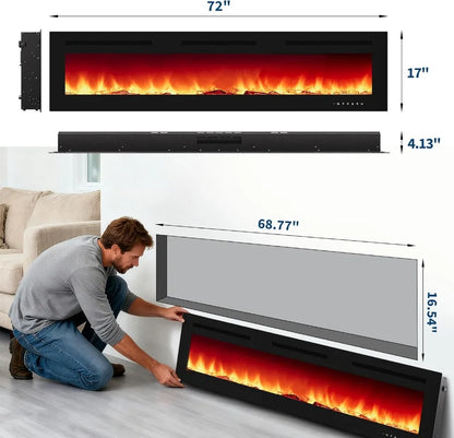 50-Inch Electric Fireplace Insert with Remote, 3 Heating Modes, 12 Flame Colors, Low Noise Wall Mounted