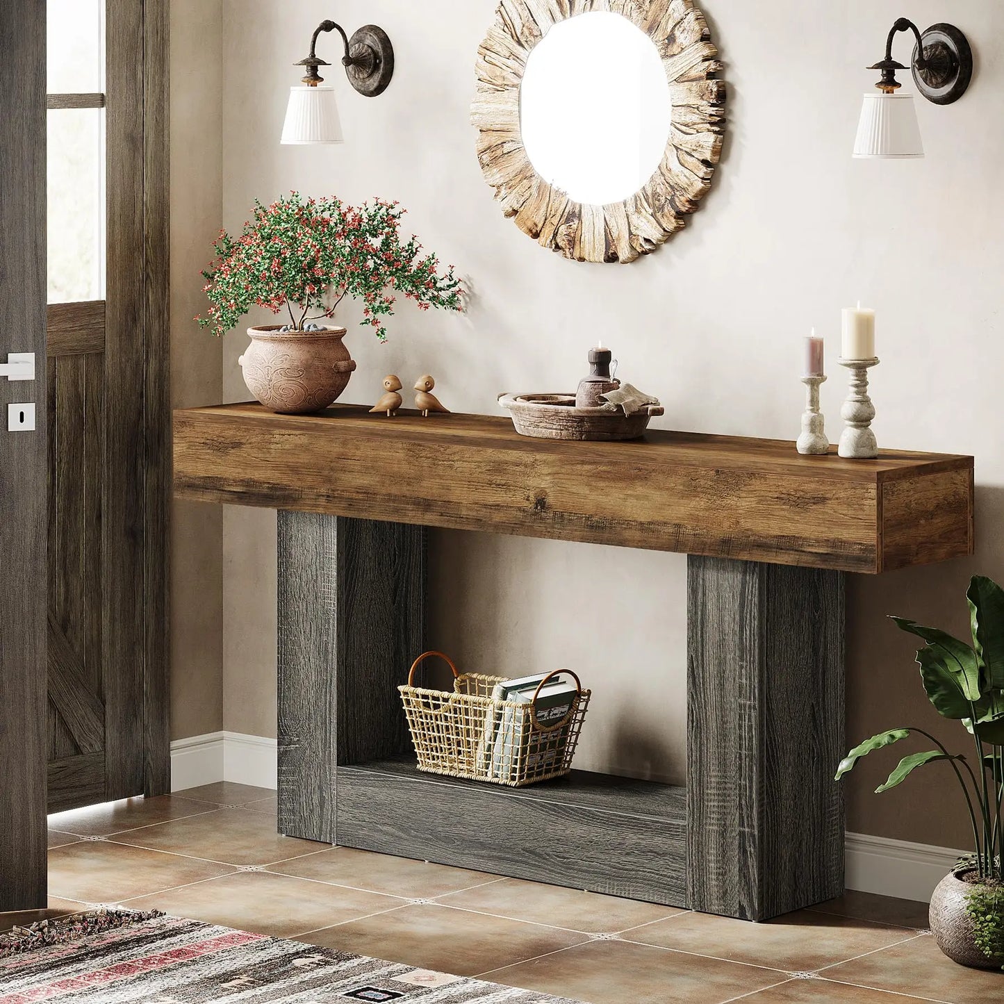 Tribesigns 63" Console Table, Farmhouse 2-Tier Entryway Table with U-Shaped Base, Narrow Long Wood Sofa Table Behind Couch Table