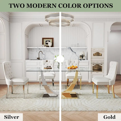 7-Piece Dining Room Set, 63" Gold Rectangular Glass Kitchen Table with 6 Beige High Back Chairs, Modern Glass Dining Table Set f