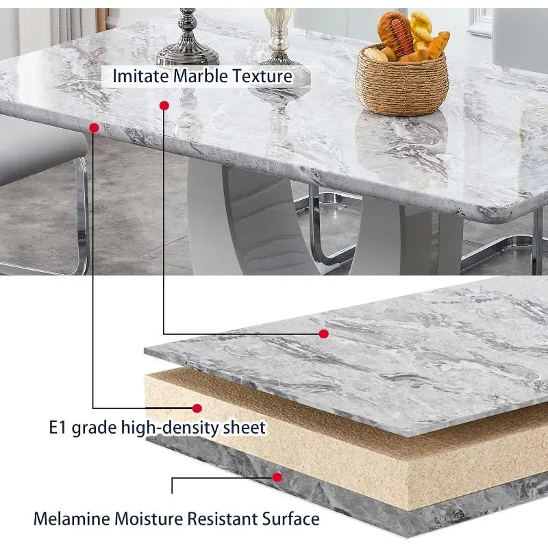 Modern 6-Seater Dining Set, Faux Marble Table & Gray Chairs for Dining Room