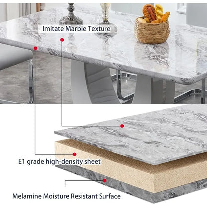 Modern 6-Seater Dining Set, Faux Marble Table & Gray Chairs for Dining Room