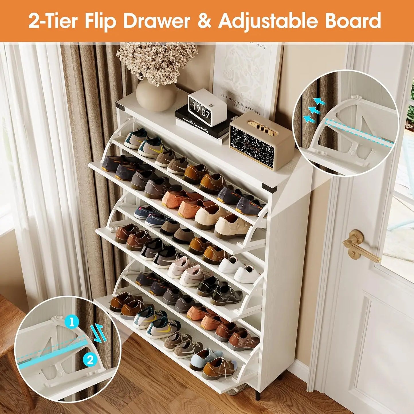Vabches Shoe Storage Cabinet wtih 3 Flip Drawers Freestanding Shoe Cabinet with Wood Legs Slim Shoe Rack Organizer for Entryway