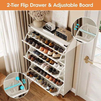 Vabches Shoe Storage Cabinet wtih 3 Flip Drawers Freestanding Shoe Cabinet with Wood Legs Slim Shoe Rack Organizer for Entryway