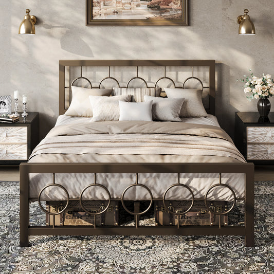 HOOMIC Metal Platform Bed Frame with Vintage Circular Design Headboard and Footboard, Extra Under-Bed Storage Allewie