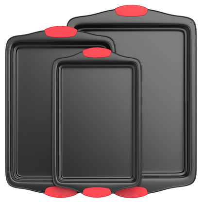 3-Piece Non-Stick Baking Sheet Set with Red Silicone Handles, 3-Size Rectangular Cookie Pan for Oven & Kitchen