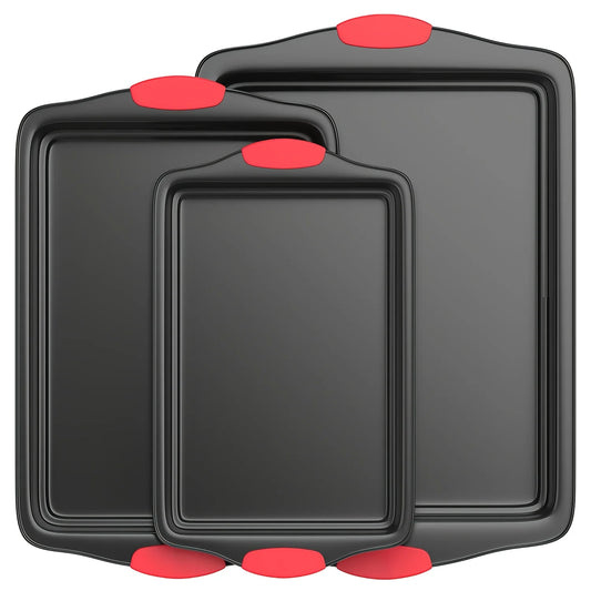 3-Piece Non-Stick Baking Sheet Set with Red Silicone Handles, 3-Size Rectangular Cookie Pan for Oven & Kitchen