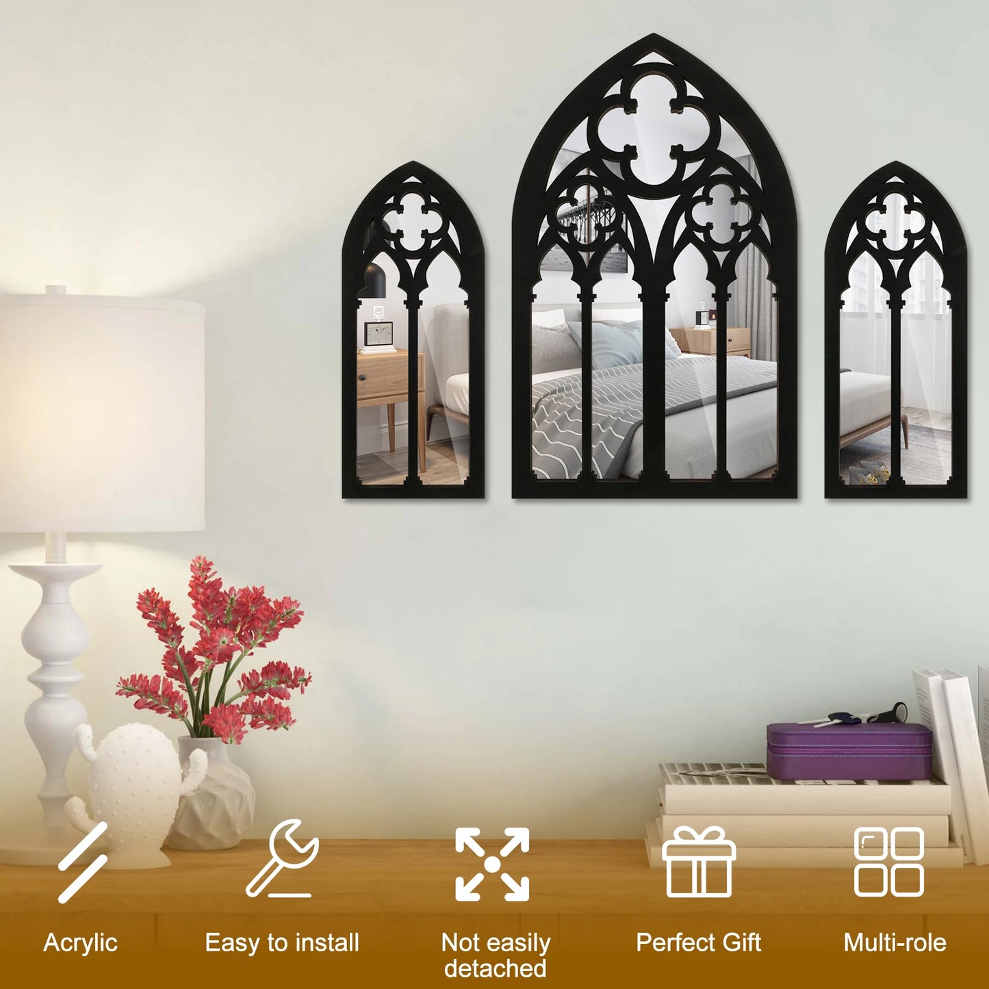 3-piece set of acrylic Gothic cathedral window mirrors Baroque home decoration wall mirrors suitable for living rooms