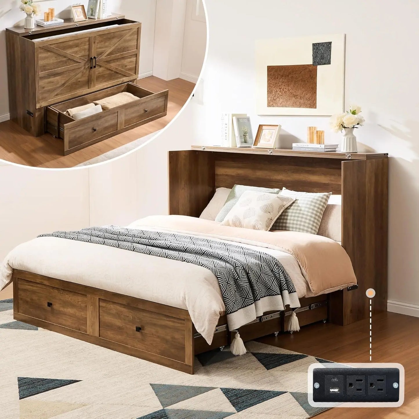 Queen Murphy Bed with Storage & Charging Station, Farmhouse Murphy Cabinet with Foldable Panel, Noisy Free, for, Customized