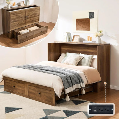 Queen Murphy Bed with Storage & Charging Station, Farmhouse Murphy Cabinet with Foldable Panel, Noisy Free, for, Customized