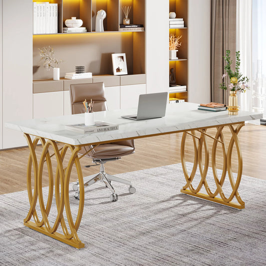 Tribesigns Modern Office Desk, 70.9" Wooden Computer Desk,Executive Desk with Gold Metal Legs, Large Workstation Home Office