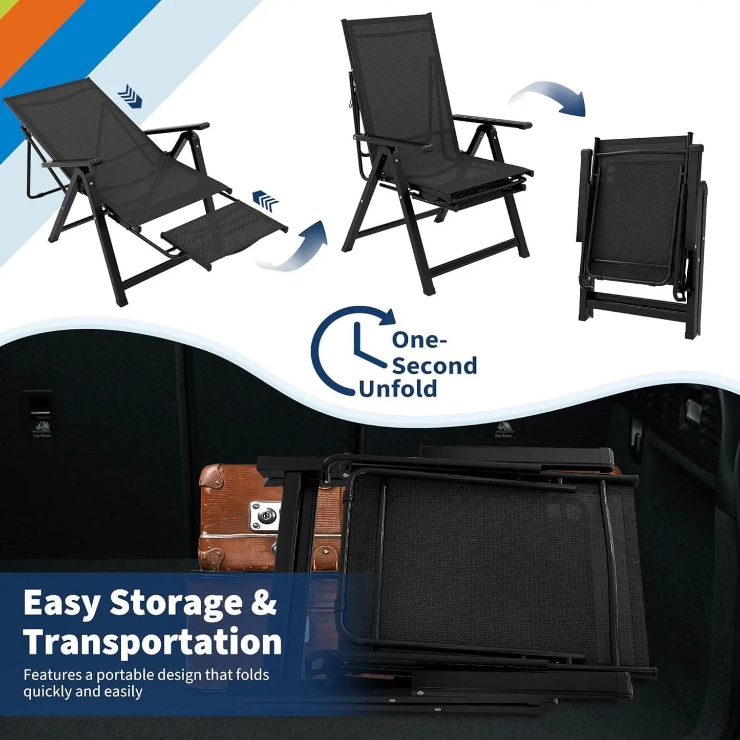 10-Position Adjustable Folding Chaise Lounge Outdoor Lightweight Recliner With Retractable Footrest 330lbs Capacity For Garden